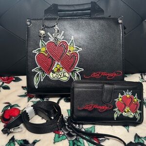 SET!! Ed Hardy Black Heart Design Shoulder Bag